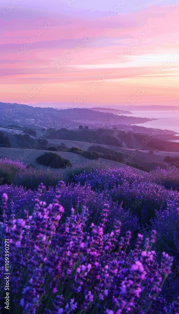 Stunning dusk over hills by the ocean with blooming lavender and a pastel sky in pink and purple Stunning dusk over hills by the ocean with blooming lavender and a pastel sky in pink and purple