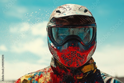 Paint-splattered helmet and suit on person against sky backdrop photo