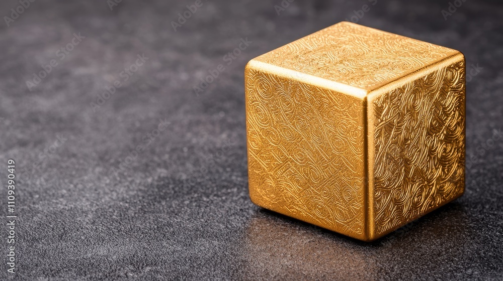 Golden Decorative Cube on Dark Background with Textured Surface Golden Decorative Cube on Dark Background with Textured Surface