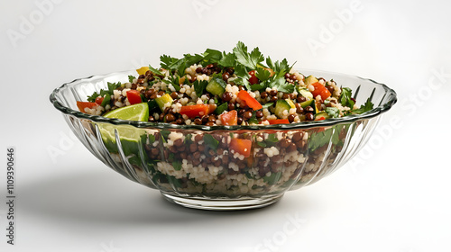 A Hearty Couscous Salad with Lentils and Zesty Lime Dressing in a Large Glass Bowl