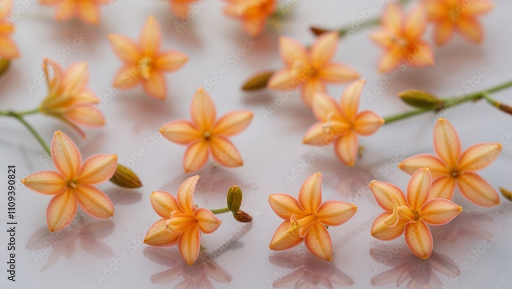 Obraz premium A picturesque arrangement of soft pink flowers on a light surface.