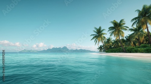 Serene Tropical Beach with Clear Water and Lush Green Palm Trees