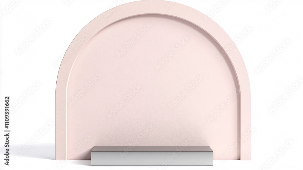 Minimalist blush pink arched backdrop with sleek platform for events or displays Minimalist blush pink arched backdrop with sleek platform for events or displays