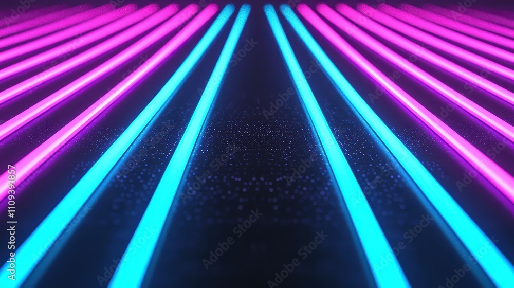 Fototapeta premium Neon Light Stripes on Dark Background with Reflections and Texture
