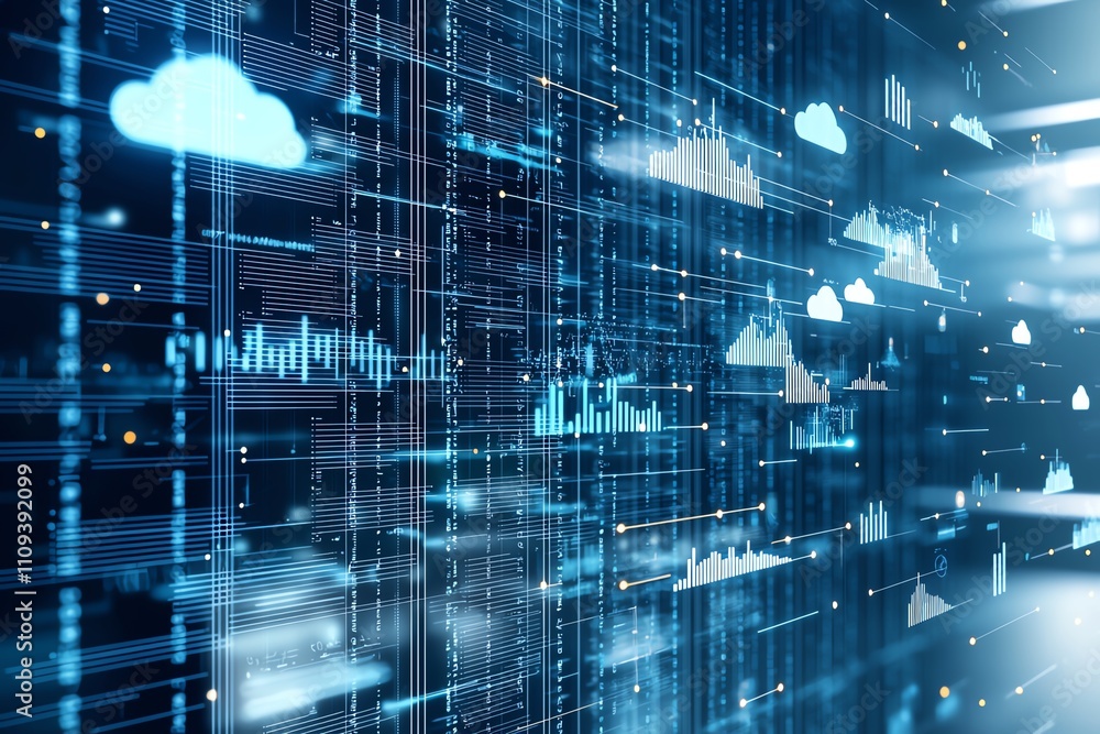 Obraz premium Abstract digital background showcasing cloud computing technology. Features data streams and graphical representations of clouds and analytics, perfect for modern tech visuals.