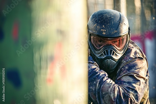 Paintball player in mask and camo peers around obstacle
