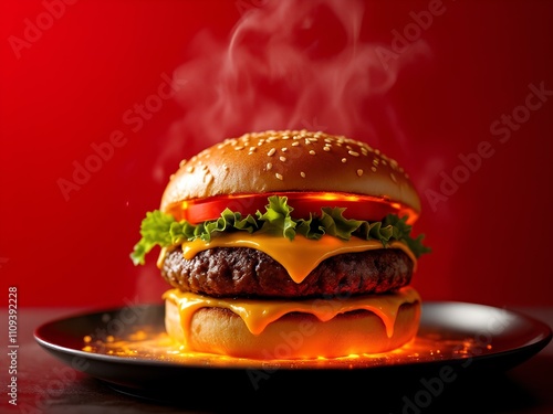 Juicy hamburger with appetizing meat patty, melted cheese, fresh vegetables on background of red smoke effect, schlieren photo. For advertising fast food, restaurant menus, food blogs

 photo