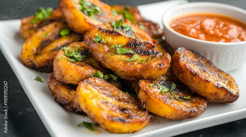 Gourmet Presentation of Crispy Fried Plantains with Tangy Dipping Sauce and Fresh Herbs