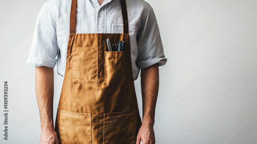 Chef wearing brown apron with tools in pocket against minimalist background. Design template, print presentation mockup, empty Chef wearing brown apron with tools in pocket against minimalist background. Design template, print presentation mockup, empty