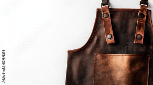 Rustic brown leather apron with adjustable straps and metal buttons for kitchen or workshop use. Design template, print presentation mockup, empty photo