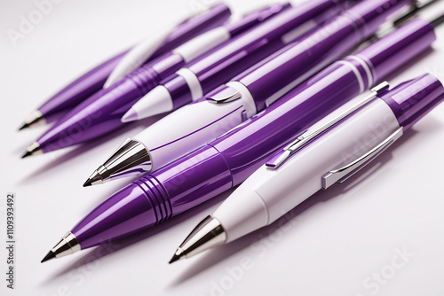 Several purple pens, some with white accents, and purple designs are on a white surface.