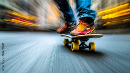 Fast skateboarder motion blur.