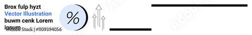 Percentage symbol in a blue circle with three rising arrows and dummy text beside. Ideal for data analytics, statistics, finance, economic trends, business growth, infographics, presentations