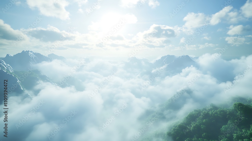 Fototapeta premium A serene landscape of mountains and clouds under a bright sky.