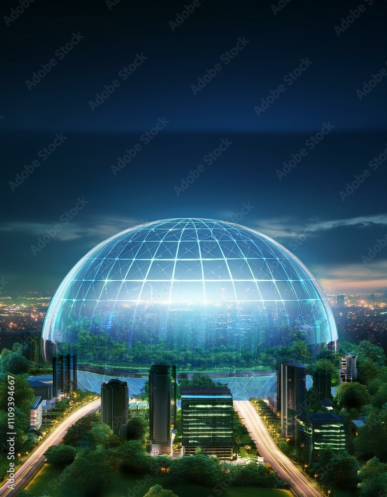 Fototapeta premium Futuristic Dome with Modern Cityscape smart city eco friendly