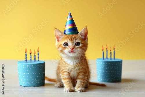 a cute cat on yellow background, birthday card , isolated on white background,  , copy space, copy space for text, photo