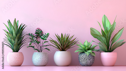 Stylish arrangement of five potted indoor plants in unique decorative pots against a pastel pink background, creating a fresh aesthetic.
