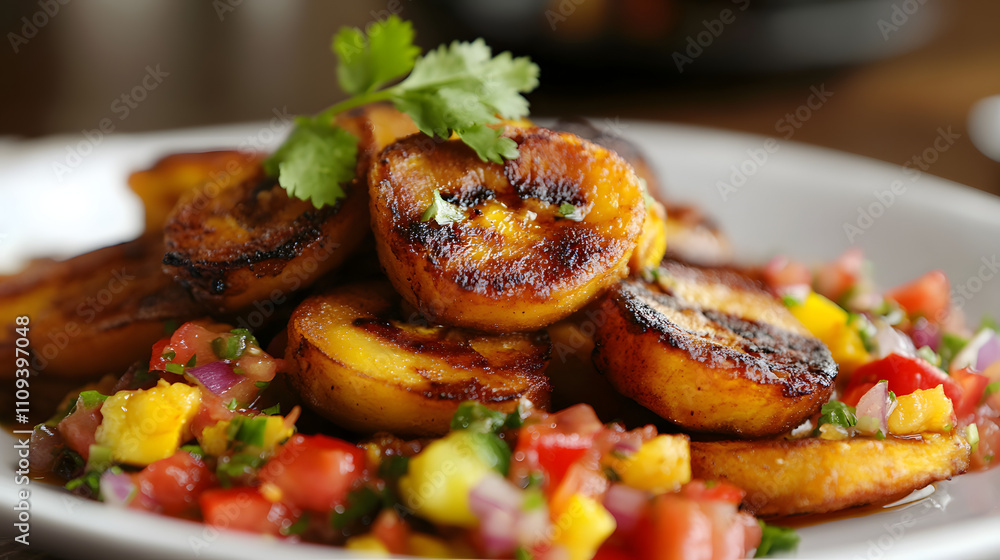 Delightful Fried Plantains with Refreshing Salsa Combining Sweetness and Zing from Fresh Spices Delightful Fried Plantains with Refreshing Salsa Combining Sweetness and Zing from Fresh Spices