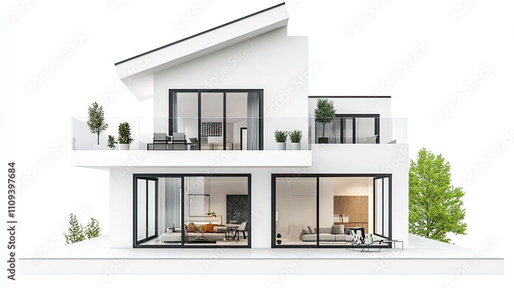 Architectural cutaway view of a minimalist white modern home, revealing open spaces and clean lines; rooms showcase thoughtful layout and sleek interiors Architectural cutaway view of a minimalist white modern home, revealing open spaces and clean lines; rooms showcase thoughtful layout and sleek interiors