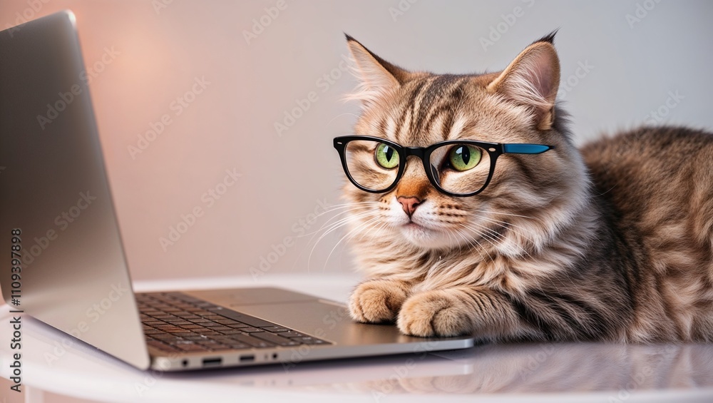 A charming cat with glasses engaging with a laptop on a table. A charming cat with glasses engaging with a laptop on a table.