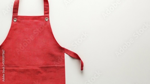 Red apron on minimalist white background for culinary and kitchen themes. Design template, print presentation mockup, empty photo