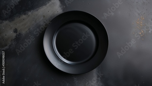 A sleek black plate against a striking dark textured surface.