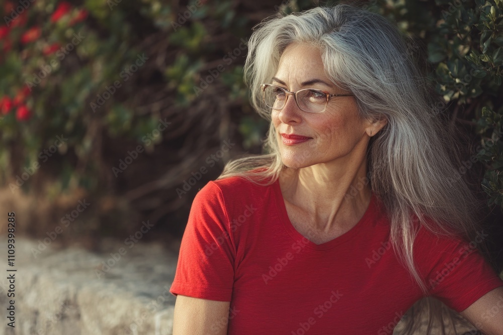 Confident mature woman with long gray hair and glasses in a red shirt outdoors. National wear red day Confident mature woman with long gray hair and glasses in a red shirt outdoors. National wear red day