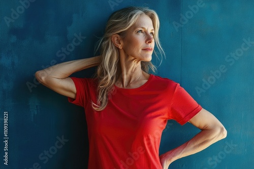 Mature woman in red shirt against blue wall contemplating life. National wear red day