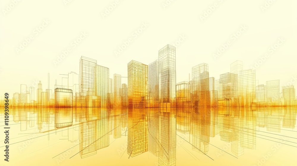Fototapeta premium Abstract depiction of a city skyline in warm golden tones with reflective surfaces, showcasing architectural outlines and a futuristic aesthetic. AI generated.
