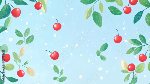 Wallpaper Mural Cherries and leaves scattered across a sky blue background, creating a fresh, summery feel Torontodigital.ca