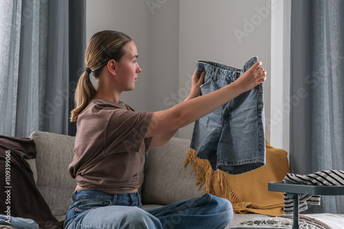 woman organizing clothes and tidying up her room, showcasing a minimalist, cozy home environment. Perfect for themes related to home organization, productivity, and decluttering tips in modern lifesty photo