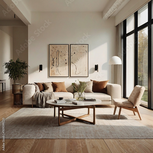 The Modern living room interior design, Stylish Scandinavian Living Room Minimalist Furniture Light Wooden Floors, reflecting contemporary loft design.