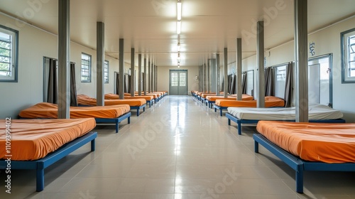 A clean, well-organized shelter with rows of cots, emphasizing a safe place for homeless individuals.