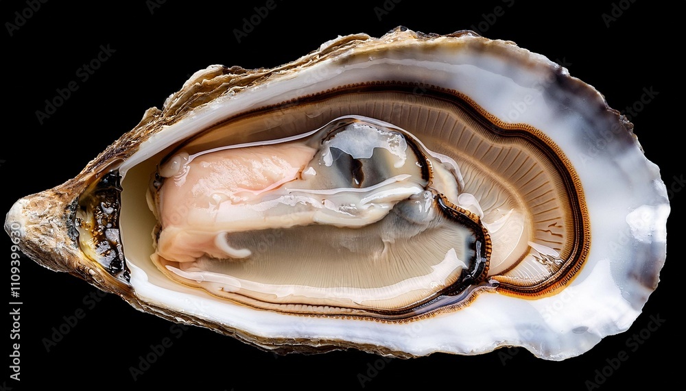 Naklejka premium one oyster isolated on black background macro shot of open fresh french fine de claire oyster gourmet food seafood macro shot vertical image from above top view
