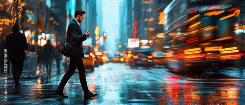 A man walking on a wet street while checking his phone in a busy city environment.