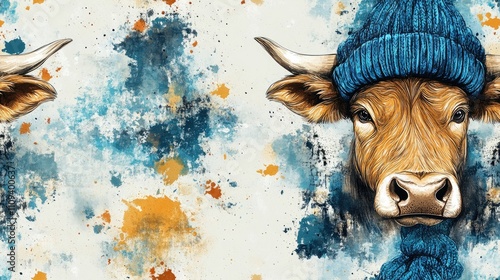 Seamless pattern featuring a bull wearing a knitted blue hat vibrant watercolor illustration with artistic splashes
