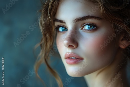 Romantic Young Brunette Studio Portrait Eyes Lips Shoulders