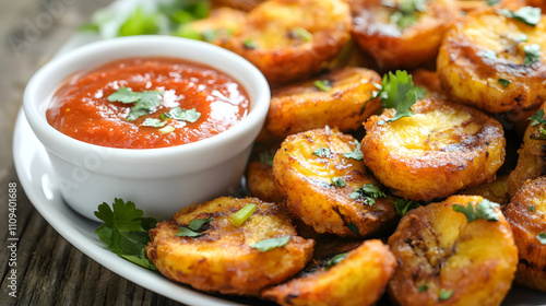 Gourmet Presentation of Crispy Fried Plantains with Tangy Dipping Sauce and Fresh Herbs