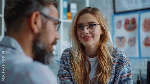 Wallpaper Mural A woman is engaged in a conversation with a man, both wearing glasses, in a professional setting adorned with educational charts. Torontodigital.ca