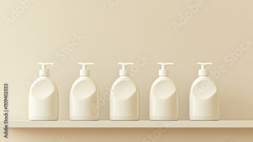 white plastic bottles for soap, shampoo and cream stand on a shelf against a beige background. 3d illustration of a soap bottle.