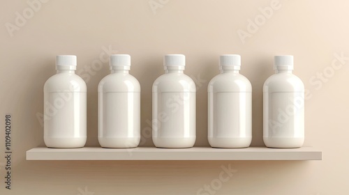 white plastic bottles for soap, shampoo and cream stand on a shelf against a beige background. 3d illustration of a soap bottle.