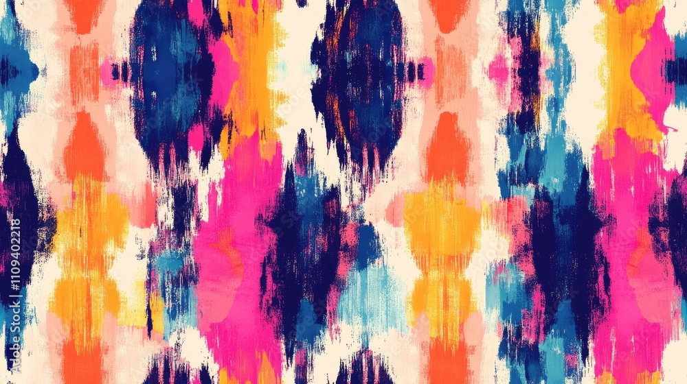 Vibrant geometric ikat pattern featuring saturated dirty art painting perfect for textile design and background creation Vibrant geometric ikat pattern featuring saturated dirty art painting perfect for textile design and background creation