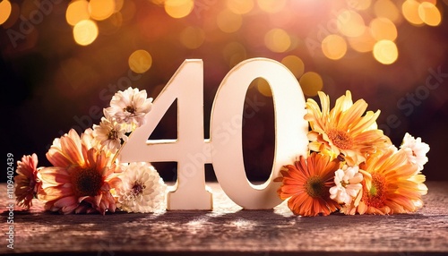 40th year or anniversary celebration with flowers surround the number 40; anniversary and celebration