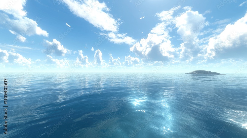 Obraz premium Peaceful ocean with a vast blue sky above, clear clouds reflecting on the still water