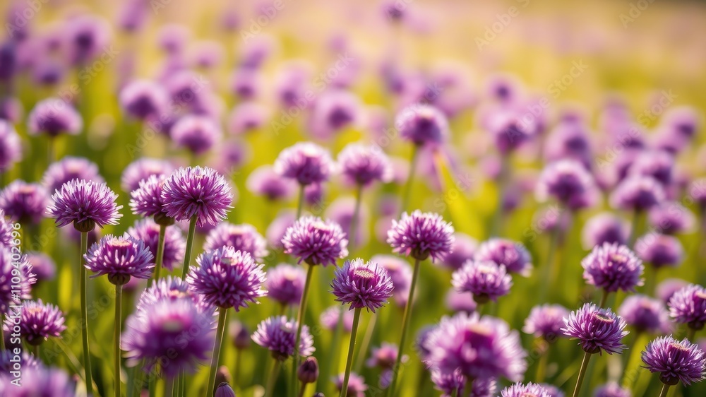 Obraz premium A field of delicate purple wildflowers swaying gently in the soft sunlight, creating a beautiful and calming scene.