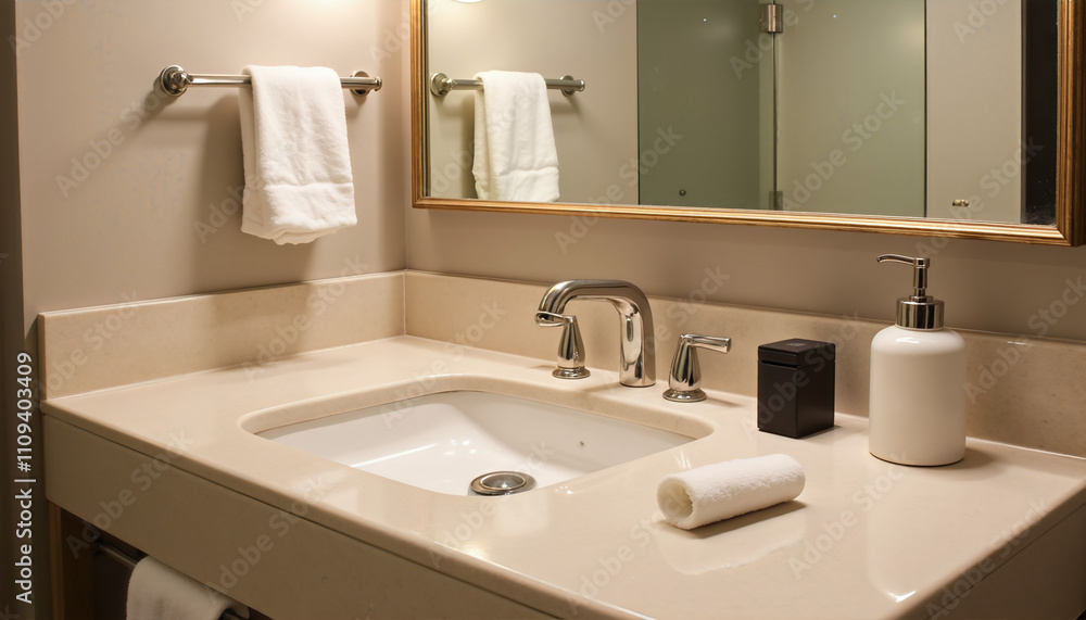 Fototapeta premium Modern bathroom setting featuring elegant fixtures and minimalistic design in a serene atmosphere