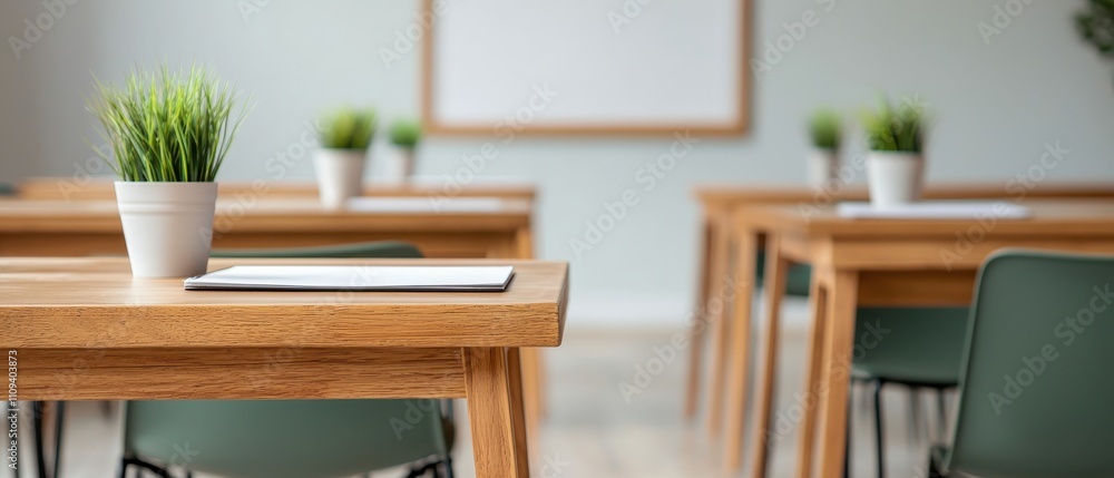 Modern classroom layout with wooden desks and plants for a refreshing learning environment. Modern classroom layout with wooden desks and plants for a refreshing learning environment.