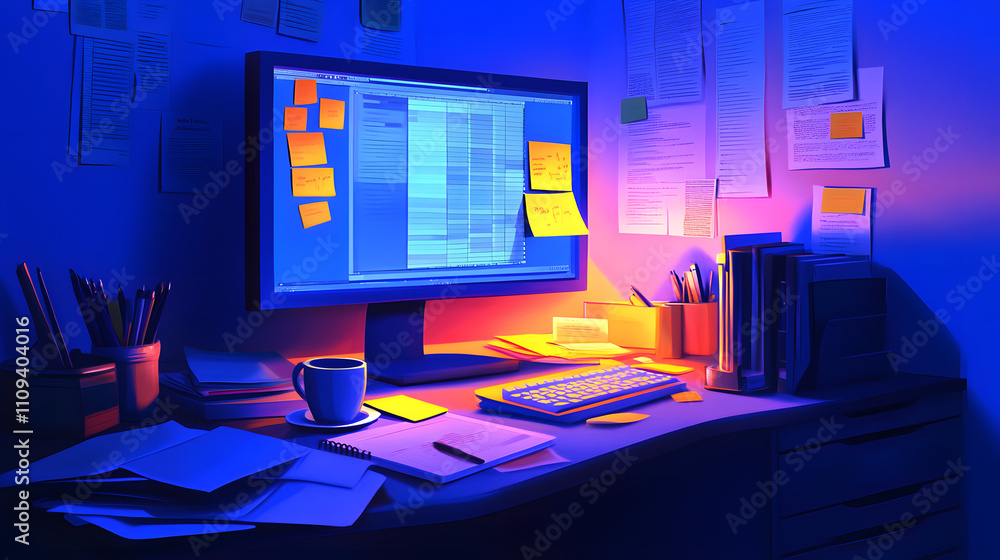 A Chaotic Office Cubicle Representing Burnout and Exhaustion from Overwork, Highlighting the Stressful Atmosphere A Chaotic Office Cubicle Representing Burnout and Exhaustion from Overwork, Highlighting the Stressful Atmosphere