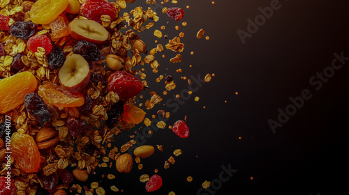 organic granola with a mix of crunchy nuts and vibrant dried fruits photo