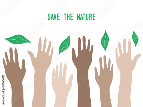 Silhouettes of human hands reaching up for green leaves.The concept of ecology, let's save nature together. Volunteers of different races save the environment. Suitable for posters, flyers, banners.